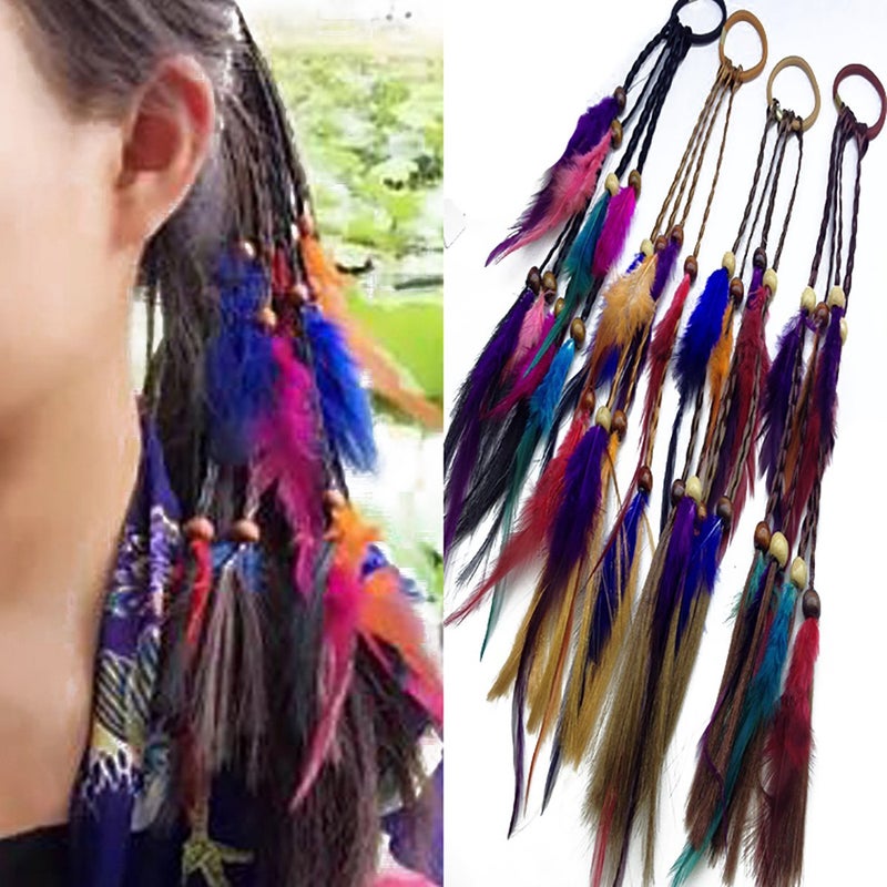Fodattm 4PCS Women Lady Handmade Boho Hippie Hair Rope Head Wrap Hair Band Headbands Elastics Feather Hair Tie Ponytail Holders Hair Accessories Headdress - Image 1